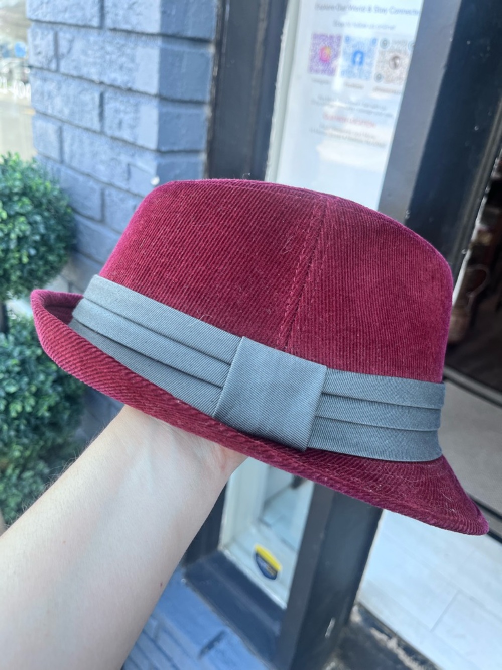 lei Burgundy Corduroy Fedora with Gray Band
